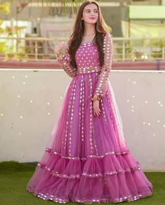 Occasion Wear Pink Color Soft Net Fabric Mirror Work Gown 1