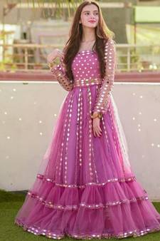 Occasion Wear Pink Color Soft Net Fabric Mirror Work Gown