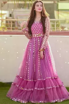 Occasion Wear Pink Color Soft Net Fabric Mirror Work Gown