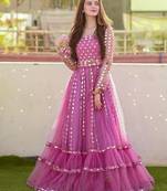 Occasion Wear Pink Color Soft Net Fabric Mirror Work Gown