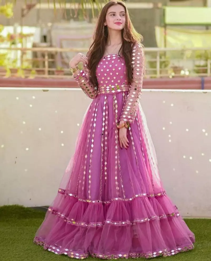 Occasion Wear Pink Color Soft Net Fabric Mirror Work Gown