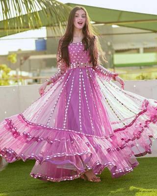 Occasion Wear Pink Color Soft Net Fabric Mirror Work Gown 2