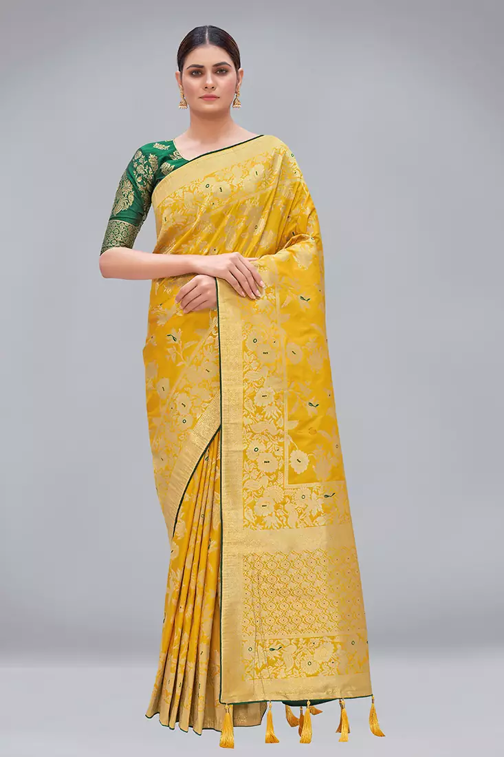 Yellow woven banarasi saree with blouse