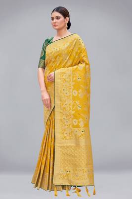 Yellow woven banarasi saree with blouse 2