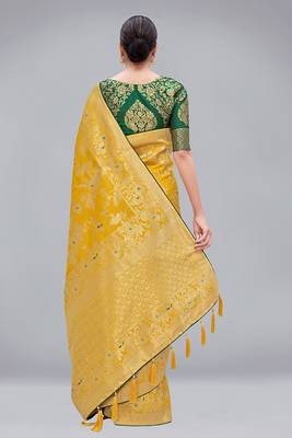 Yellow woven banarasi saree with blouse 3