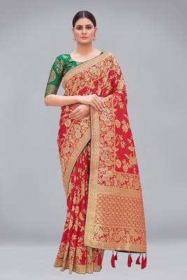 Red woven Banarasi silk blend saree with blouse 1