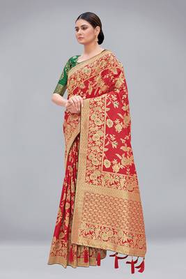 Red woven Banarasi silk blend saree with blouse 2