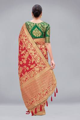 Red woven Banarasi silk blend saree with blouse 3