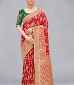 Red woven Banarasi silk blend saree with blouse