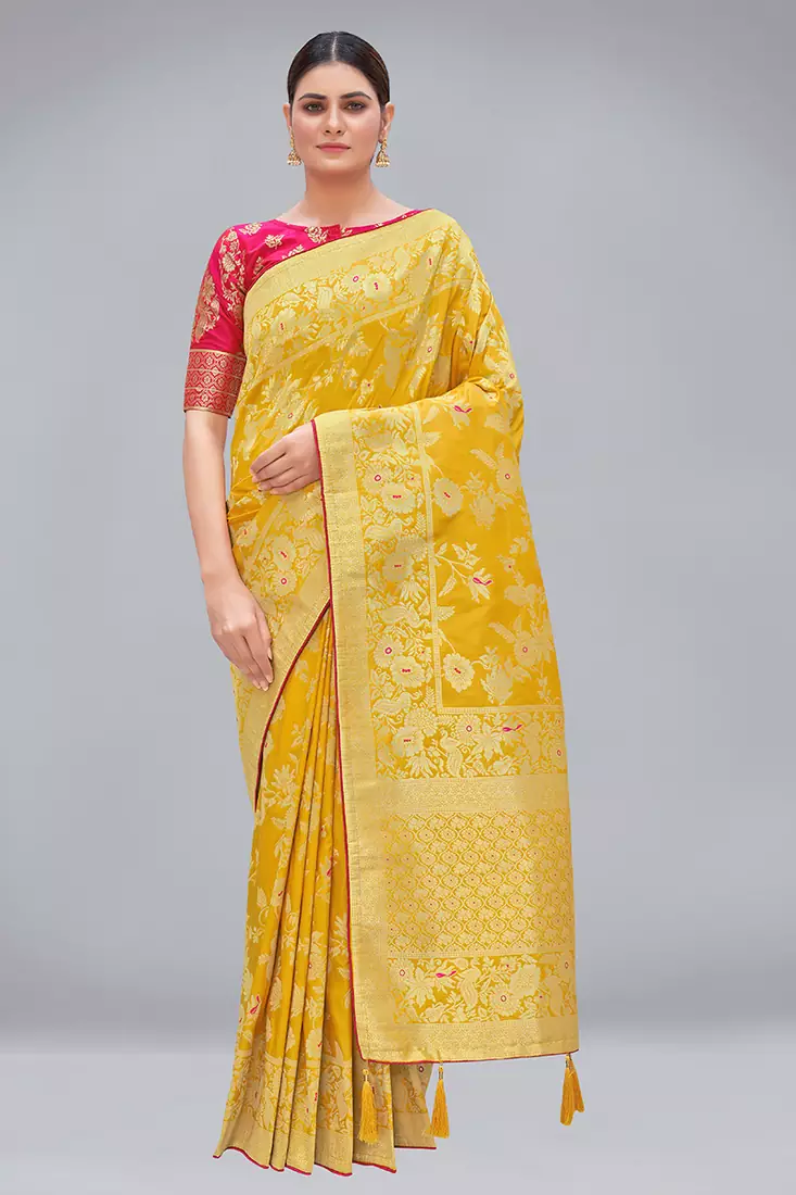 Yellow woven banarasi saree with blouse