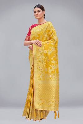 Yellow woven banarasi saree with blouse 2
