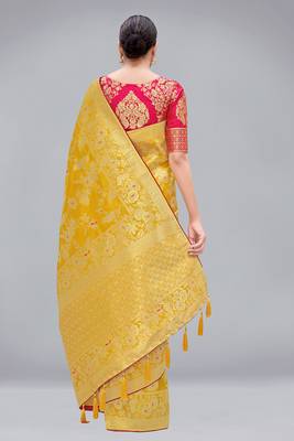 Yellow woven banarasi saree with blouse 3