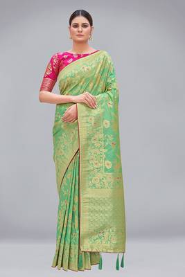 Light green woven banarasi saree with blouse 1