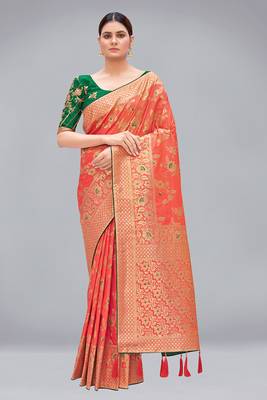 Peach woven banarasi saree with blouse 1