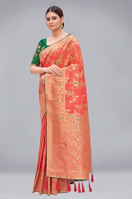Peach woven banarasi saree with blouse 2