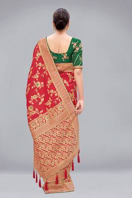 Red woven banarasi saree with blouse 3