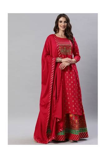 SheWill Red Foil Printed Gotta Patti A-Line Vicsose Rayon Kurta with Skirt & Dupatta