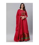 SheWill Red Foil Printed Gotta Patti A-Line Vicsose Rayon Kurta with Skirt & Dupatta