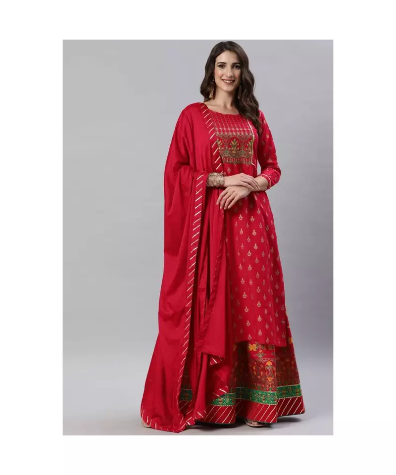 SheWill Red Foil Printed Gotta Patti A-Line Vicsose Rayon Kurta with Skirt & Dupatta