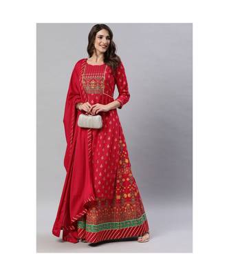 SheWill Red Foil Printed Gotta Patti A-Line Vicsose Rayon Kurta with Skirt & Dupatta 3
