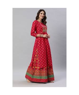 SheWill Red Foil Printed Gotta Patti A-Line Vicsose Rayon Kurta with Skirt & Dupatta 4