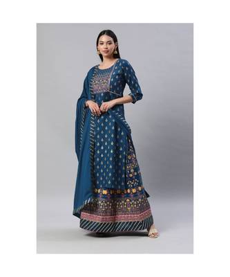 SheWill Teal Foil Printed Gotta Patti A-Line Vicsose Rayon Kurta with Skirt & Dupatta 1