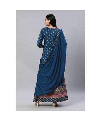 SheWill Teal Foil Printed Gotta Patti A-Line Vicsose Rayon Kurta with Skirt & Dupatta 2