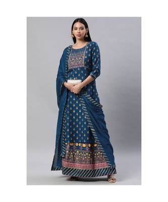 SheWill Teal Foil Printed Gotta Patti A-Line Vicsose Rayon Kurta with Skirt & Dupatta 3