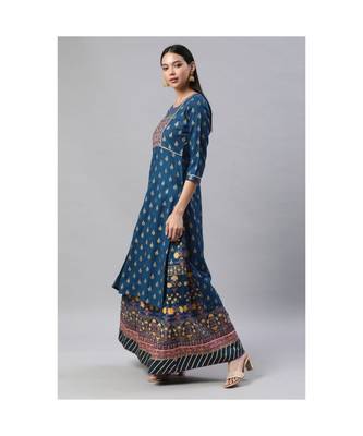 SheWill Teal Foil Printed Gotta Patti A-Line Vicsose Rayon Kurta with Skirt & Dupatta 4