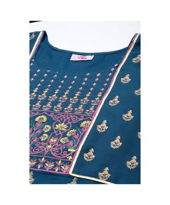 SheWill Teal Foil Printed Gotta Patti A-Line Vicsose Rayon Kurta with Skirt & Dupatta 5