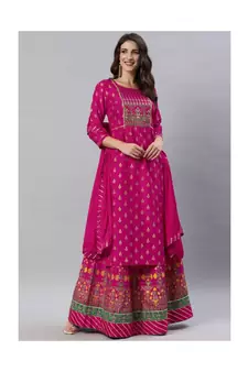 SheWill Pink Foil Printed Gotta Patti A-Line Vicsose Rayon Kurta with Skirt & Dupatta