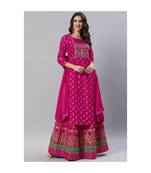 SheWill Pink Foil Printed Gotta Patti A-Line Vicsose Rayon Kurta with Skirt & Dupatta