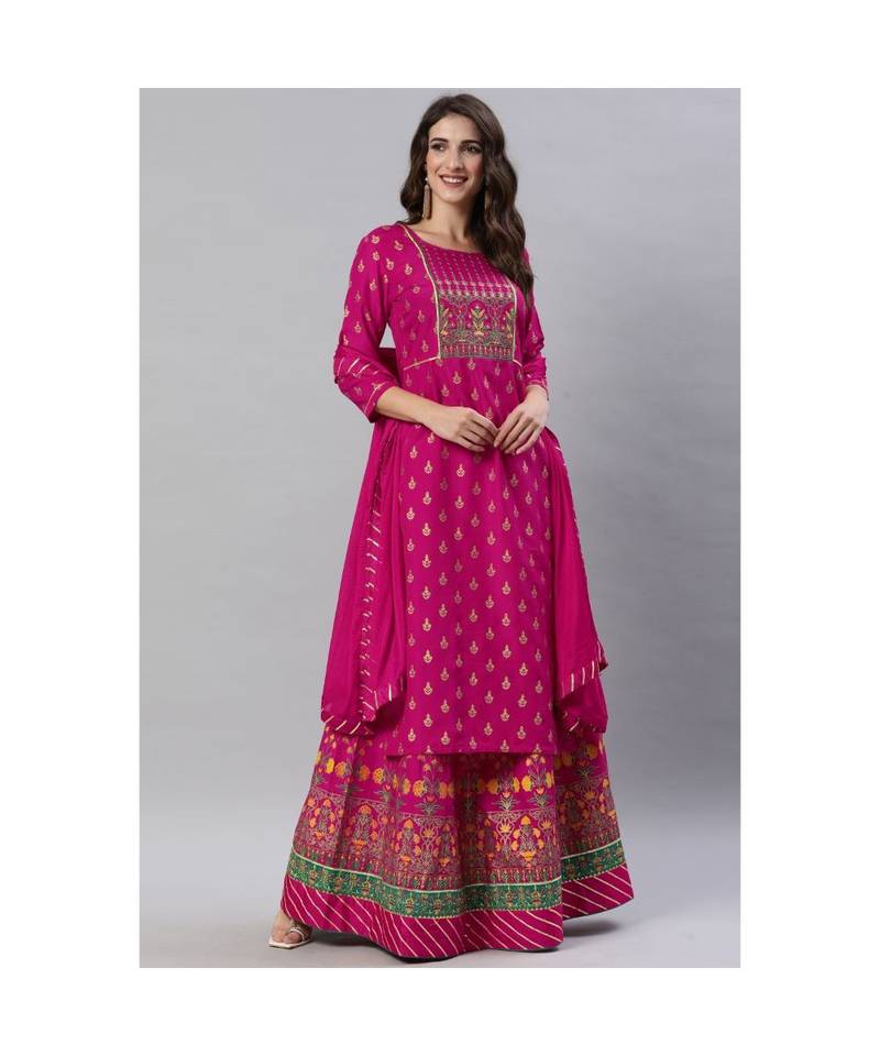 SheWill Pink Foil Printed Gotta Patti A-Line Vicsose Rayon Kurta with Skirt & Dupatta