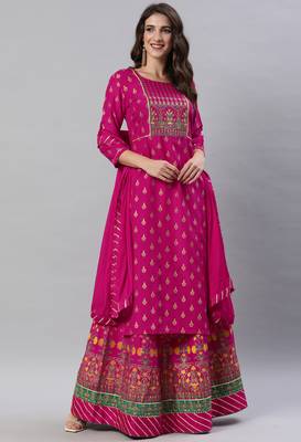 SheWill Pink Foil Printed Gotta Patti A-Line Vicsose Rayon Kurta with Skirt & Dupatta 1