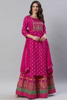 SheWill Pink Foil Printed Gotta Patti A-Line Vicsose Rayon Kurta with Skirt & Dupatta