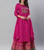 SheWill Pink Foil Printed Gotta Patti A-Line Vicsose Rayon Kurta with Skirt & Dupatta