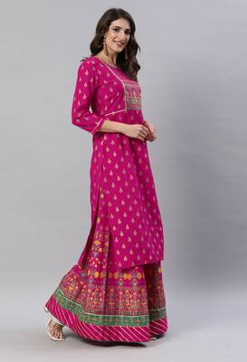 SheWill Pink Foil Printed Gotta Patti A-Line Vicsose Rayon Kurta with Skirt & Dupatta 3