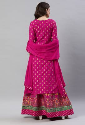 SheWill Pink Foil Printed Gotta Patti A-Line Vicsose Rayon Kurta with Skirt & Dupatta 4