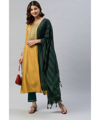 SheWill Women Yellow Sequence Embroidered Thread Work Dobby Kurta Pant & Woven Dupatta 1