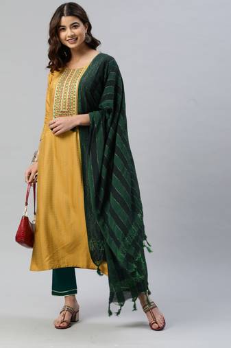 SheWill Women Yellow Sequence Embroidered Thread Work Dobby Kurta Pant & Woven Dupatta