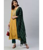 SheWill Women Yellow Sequence Embroidered Thread Work Dobby Kurta Pant & Woven Dupatta