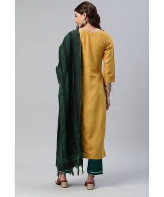 SheWill Women Yellow Sequence Embroidered Thread Work Dobby Kurta Pant & Woven Dupatta 2