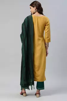 SheWill Women Yellow Sequence Embroidered Thread Work Dobby Kurta Pant & Woven Dupatta
