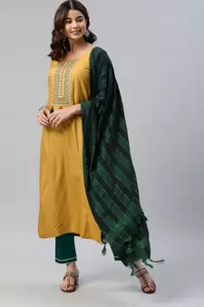 SheWill Women Yellow Sequence Embroidered Thread Work Dobby Kurta Pant & Woven Dupatta