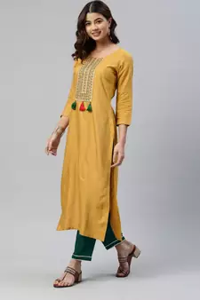 SheWill Women Yellow Sequence Embroidered Thread Work Dobby Kurta Pant & Woven Dupatta