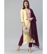 SheWill Women Cream Sequence Embroidered Thread Work Dobby Kurta Pant & Woven Dupatta