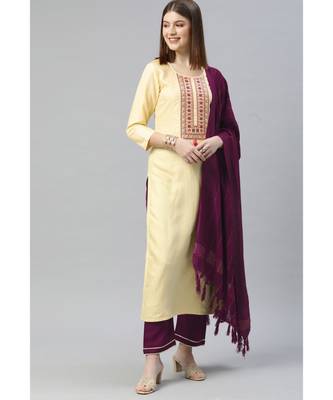 SheWill Women Cream Sequence Embroidered Thread Work Dobby Kurta Pant & Woven Dupatta 3