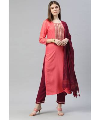 SheWill Women Peach Sequence Embroidered Thread Work Dobby Kurta Pant & Woven Dupatta 1