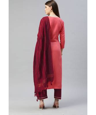 SheWill Women Peach Sequence Embroidered Thread Work Dobby Kurta Pant & Woven Dupatta 2