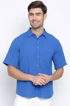 Blue printed cotton mens casual shirts